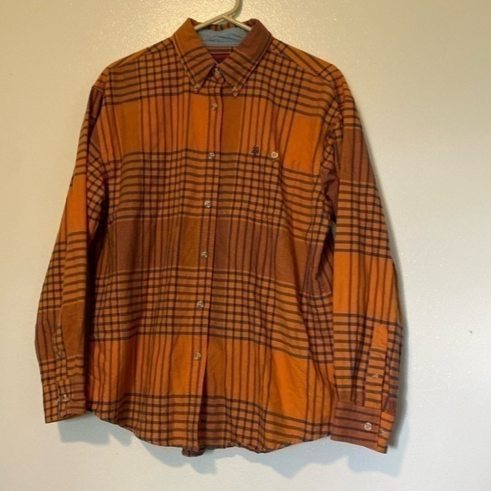 Twenty full button up collard orange and blue plaid shirt large